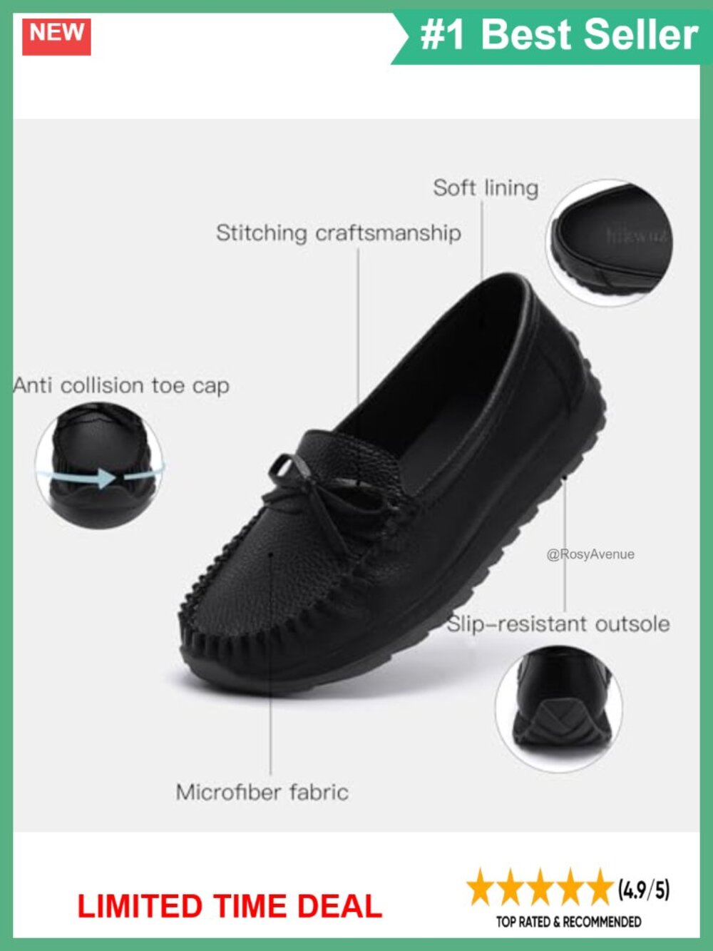 Faux Leather Loafers Slip-On Flats Lightweight Comfortable Work Walking - Picture 3 of 6